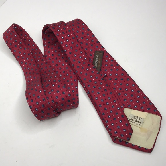 Vintage YVES Saints Laurent Red 100% Silk Print Neck Tie - Picture 5 of 6